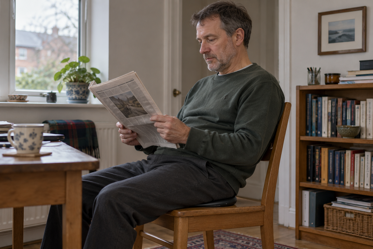 Fully clothed man relaxing at home during a seated routine